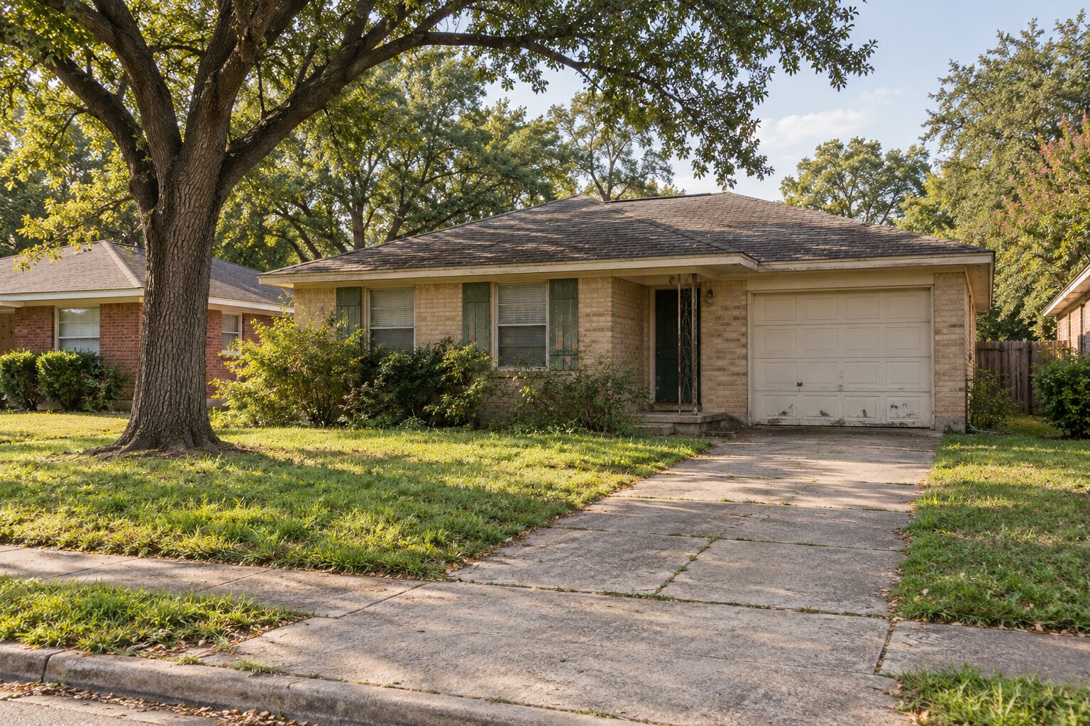 A modest single-story brick house with faded shutters and deferred maintenance